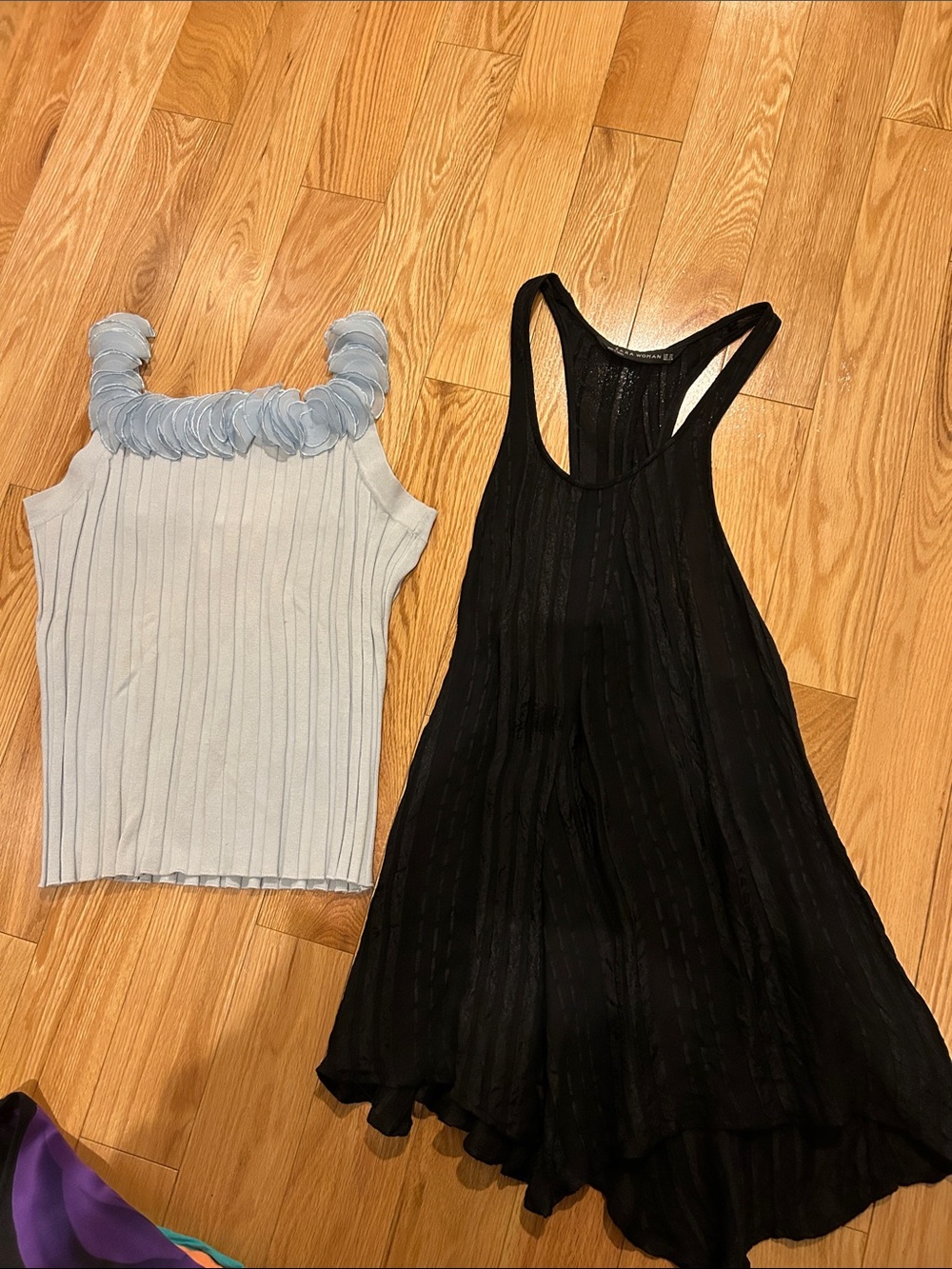 Light Blue silk Square Neck Ribbed Tank PM and Zara xs racerback long gauzy top